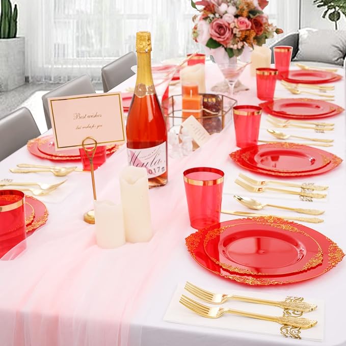 Morejoy 175PCS Red Plastic Plates, 25 Silverware Sets, 25 Cups, 25 Napkins - Image 4