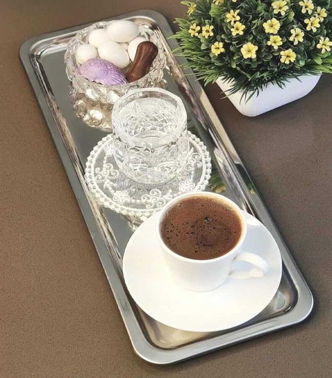 Elegant Stainless Steel Rectangular Serving Tray, Mirror Finish Coffee Tea - Image 3