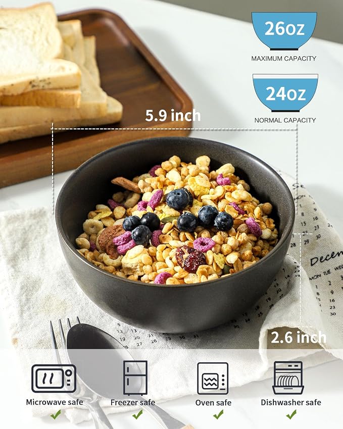 Stoneware Soup Bowls, 24 oz Cereal Bowls Set of 6 - Image 2