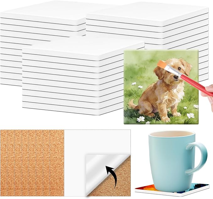 60 Pcs Ceramic Tiles for Crafts 4x4 inches and self-Adhesive Cork mat, unglazed by Anpuimult