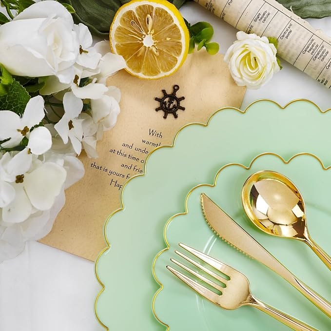 LIYH 210Pcs Gold Trim Sage Green Plastic Plates, Dinnerware Set - Image 3