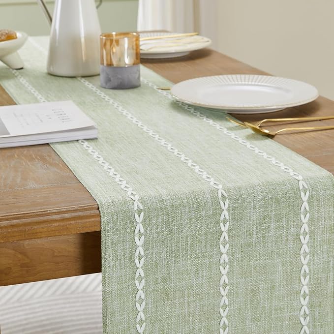 Wracra Rustic Linen Table Runner, Sage Green Table Runners 108 inches Long | - Image 6