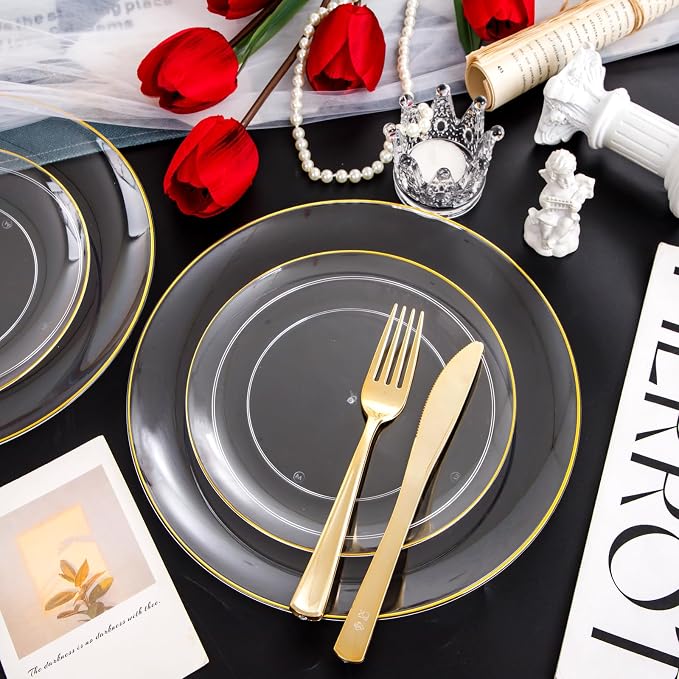PULOTE 100PCS Clear and Gold Plastic Plates - Image 4