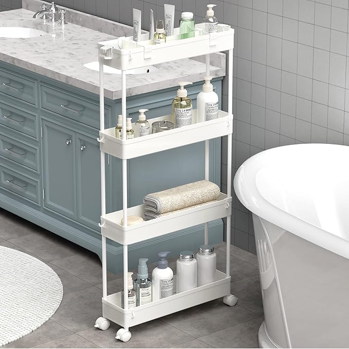 Slim Storage Cart 4 Tier, Bathroom Organizer Rolling Utility, Mobile Shelving by Home