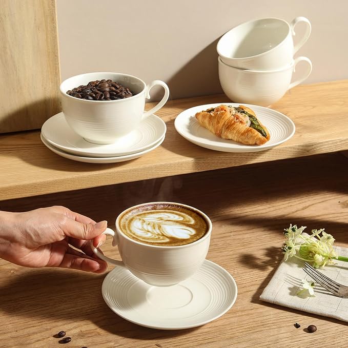 12 oz Cappuccino Cups with Saucers, Ceramic Espresso Coffee Cups Set of 4 - Image 2
