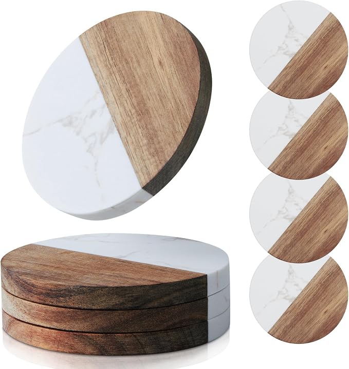 Coasters Set of 4 for Drinks, Marble-Wood Spliced Coaster for Tabletop by Unknown