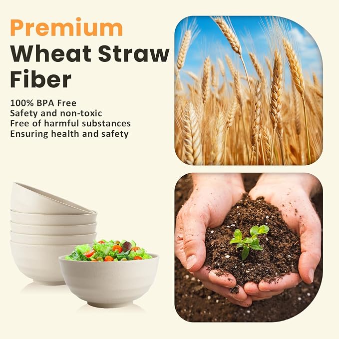 Unbreakable Large Salad Bowls Set of 6, 60oz Large Wheat Straw Bowls - Image 3