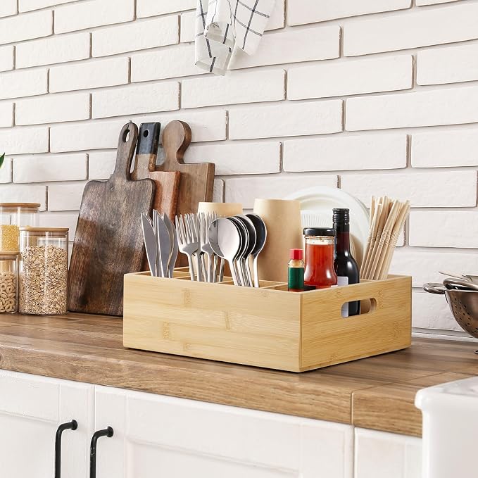 ALELION Bamboo Utensil Holder for Party, Paper Plate Organizer for Countertop - Image 7