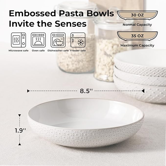 Y YHY 8.5" Pasta Bowls Set of 4, 30 oz Embossed Salad Bowls - Image 2