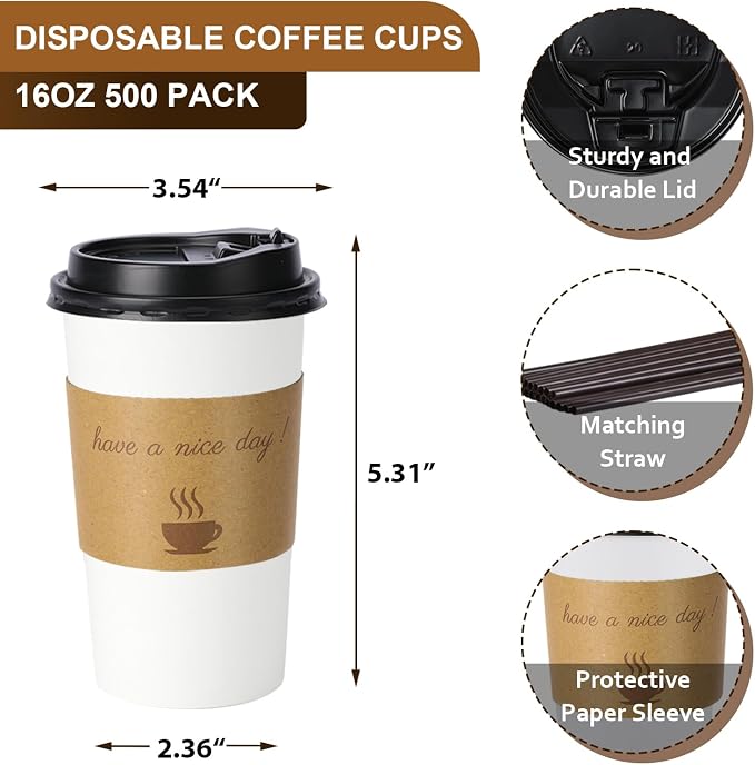 BYSNOW 500 pack 16 oz Bulk Disposable Paper Coffee Cups - Image 2