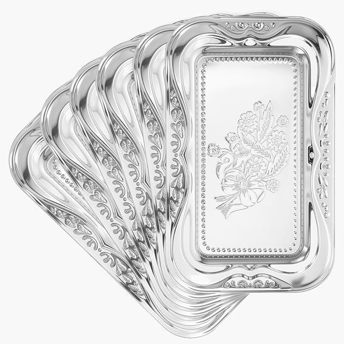 6 Packs Silver Serving Trays, 13.8" x 8.7" Bow Floral Engraved Mirror by Unknown