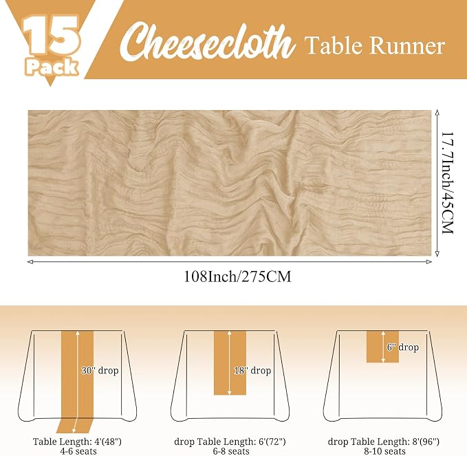 15 Pack Beige Table Runner 17 x 108inch Cheesecloth Table Runner Boho Gauze - Image 2