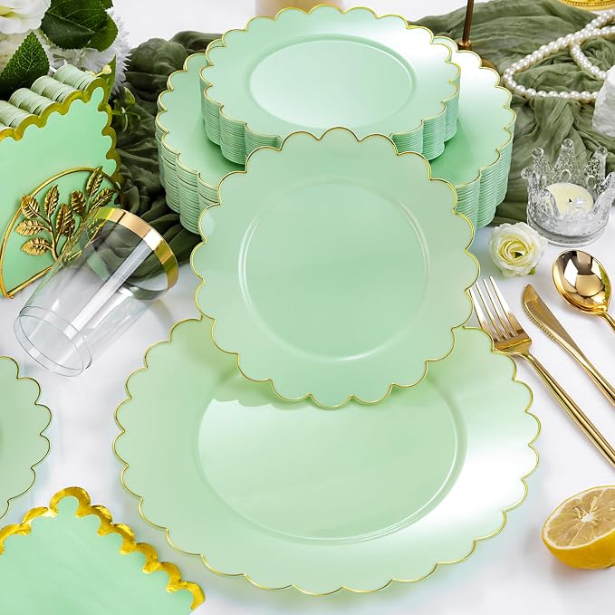 LIYH 210Pcs Gold Trim Sage Green Plastic Plates, Dinnerware Set - Image 4
