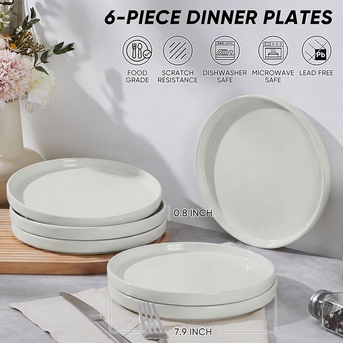 E-far 7.9 Inch Ceramic Dinner Plates, 6-Piece Stoneware Salad Plates, Chip & - Image 2