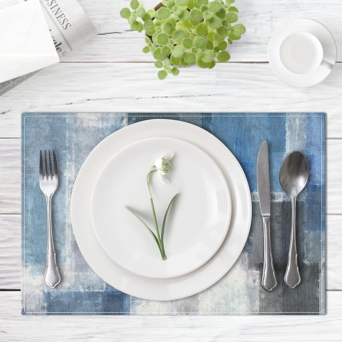 Emvency Farmhouse Placemats Set of 6, 12x18 Inch, Geometric Blue Grey | - Image 2