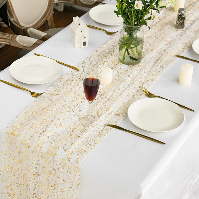 Artoid Mode 3Pcs Beige Gold Gauze Table Runner 120 Inch 10FT, Glitter Metallic - Image 4