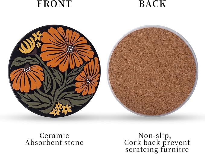 Ceramic Coasters Absorbent Non Slip 6pcs 4 Inch Artistic Flower | Drink Coaster - Image 2