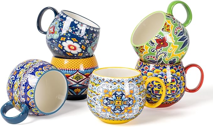 HENXFEN LEAD Large Boho Ceramic Coffee Mugs Set of 6, 20 oz | Assorted Patterns by HENXFENLEAD