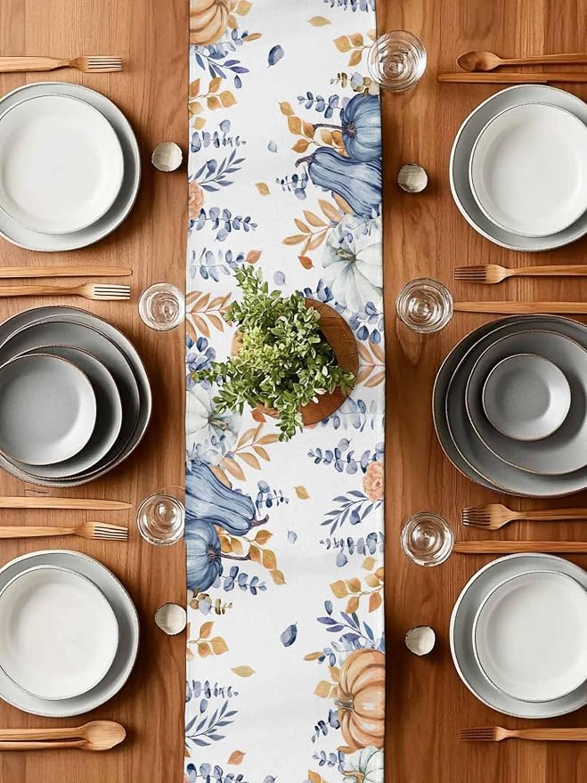 Blue Pumpkin Fall Table Runner 108 Inches Long, Thanksgiving Floral Eucalyptus - Image 7