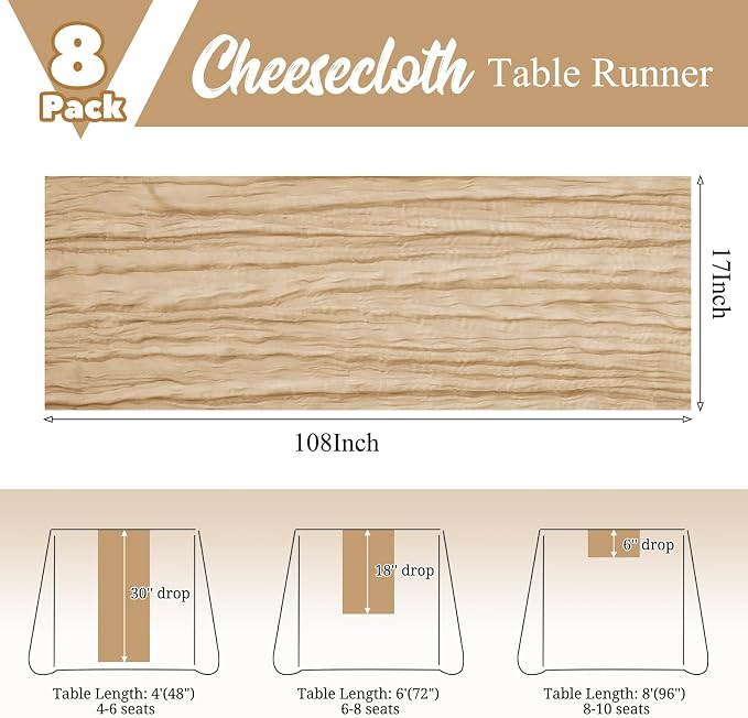 8 Pack Beige Table Runner 17 x 108inch Cheesecloth Table Runner Boho Gauze - Image 3