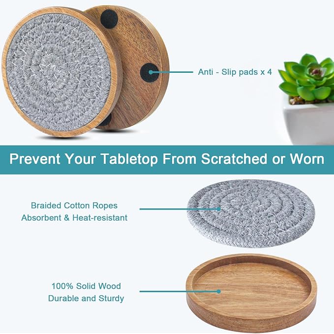 Eykao Wood Coasters for Drinks, Absorbent Coaster Sets of 8, Woven Drink - Image 5