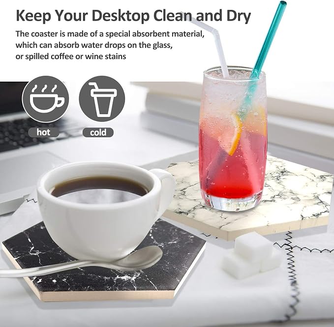 8 Pcs Drink Coasters with Metal Holder Stand, Marble Design Ceramic Coaster Set - Image 3