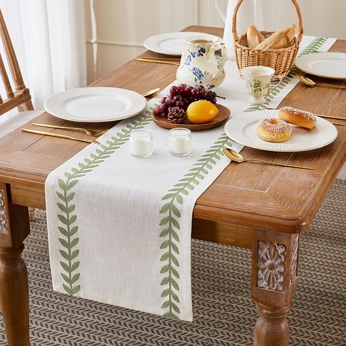 Wracra Embroidered Table Runner, Sage Green Table Runners 60 Inches Long | - Image 3
