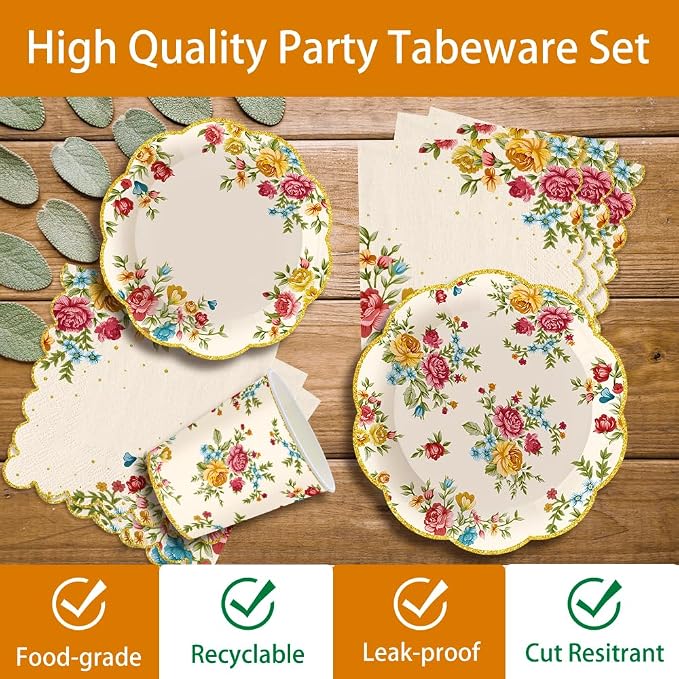 140Pcs Vintage Floral Party Supplies Tableware Set Tea Party Decorations Flower - Image 3