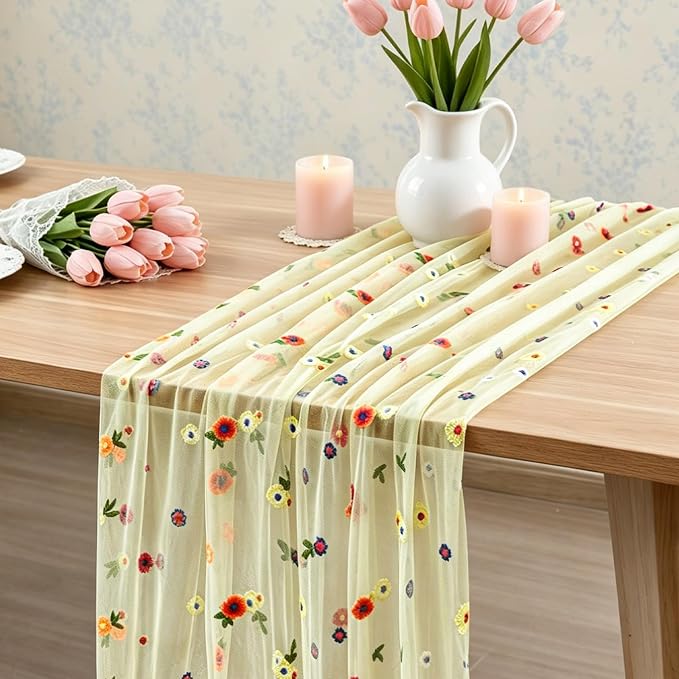 BINBE 3pcs Daisy Spring Table Runner Embroidery Gauze 10FT Florals Seasonal - Image 5