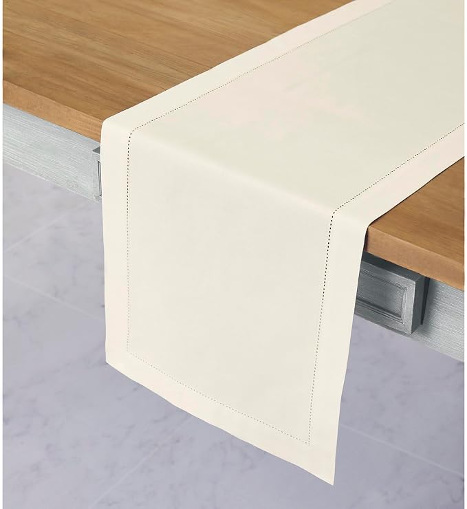 Solino Home Cotton Linen Dining Table Runner Ivory Hemstitch, 14 x 120 in | - Image 2