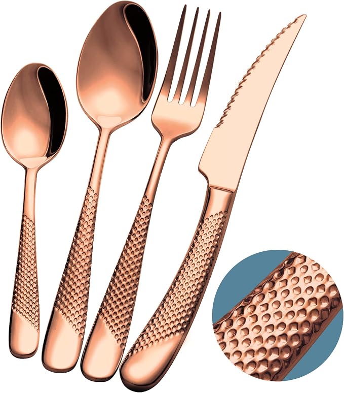 16-Pc Modern Copper Hammered 18/10 Stainless Steel Silverware Set | Ultra Sharp by Xideman