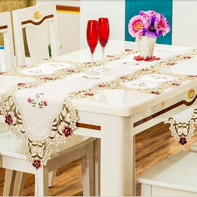 LeLehome 15 Inch X 69 Inch Classic Table Runner, Lace Flowers Embroidered Beige - Image 4