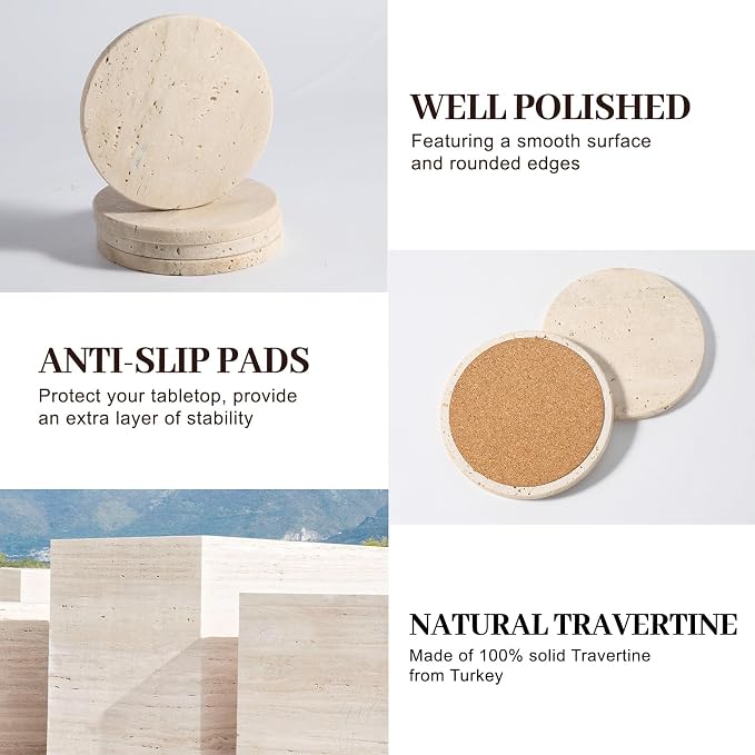 Travertine Coasters, Marble Coaster Set of 4 - Image 3