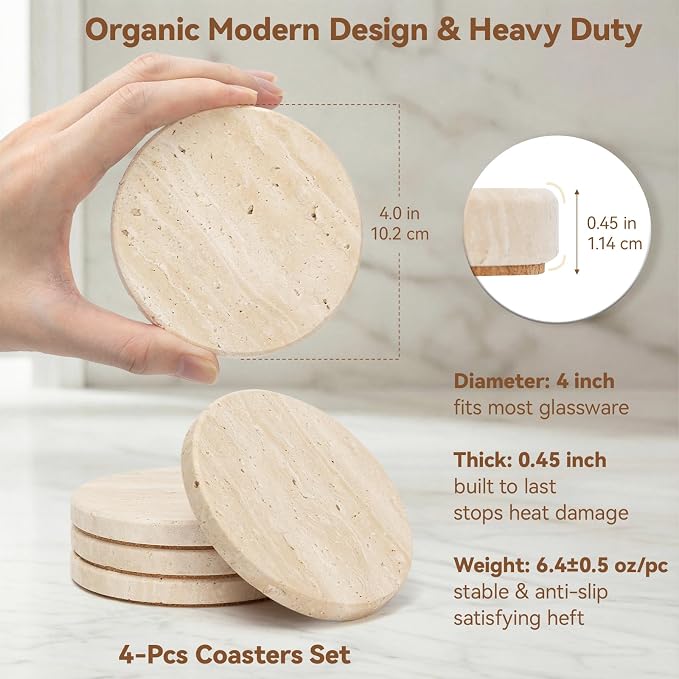 Travertine Drink Coasters Set of 4, Neutral Beige, 4 Inch Round | Modern Rustic - Image 4