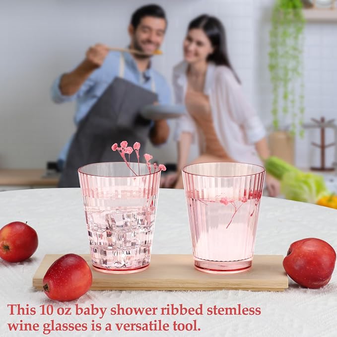 24 PCS Plastic Ribbed Drinking Glasses Pink 10oz Vintage Ripple Stemless Wine - Image 5