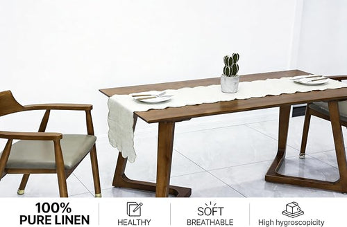 100% Natural Linen Rustic Scalloped Embroidery Table Runner 60 Inches, Linen - Image 2