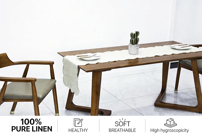 100% Natural Linen Rustic Scalloped Embroidery Table Runner 120 Inches Long - Image 2