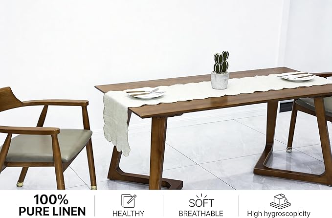 100% Natural Linen Rustic Scalloped Embroidery Table Runner 132 Inches Long - Image 2