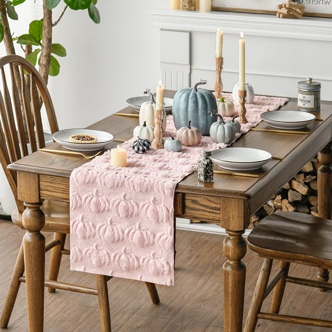 Artoid Mode Pink Soft Faux Fur Pumpkins Fall Table Runner 13x90 Inch | Seasonal - Image 6