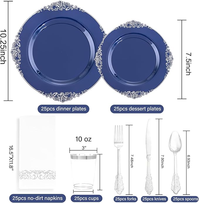 175pcs Blue and Silver Plastic Plates - Image 8