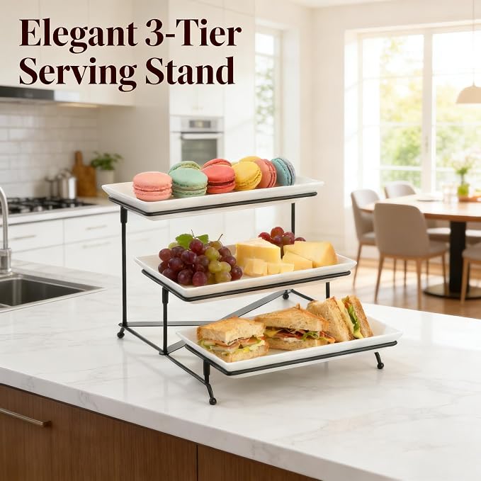 3 Tier Serving Tray, Reusable Tray Stand Black Collapsible Metal Stand - Image 2