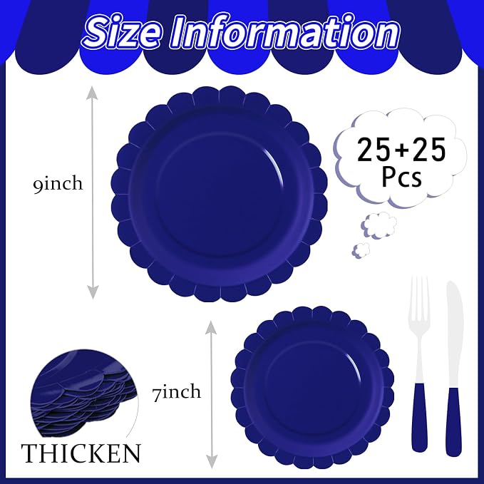 50 Pcs Blue Scalloped Paper Plates 25 × 7'' and 25 × 9'' Disposable Blue - Image 3