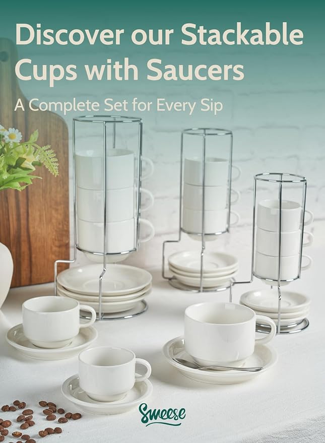Sweese Porcelain Espresso Cups Set, 4 oz Stackable Cups - Image 8