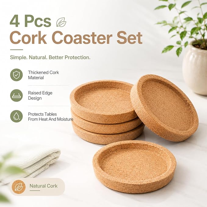 Cobee 4 Pack Cork Coasters, Absorbent Round Cup Coasters - Image 8