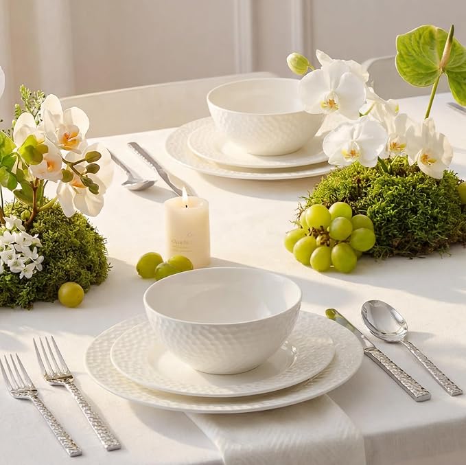 18Pcs Hammered Rim White Bone China Set, Service - Image 6