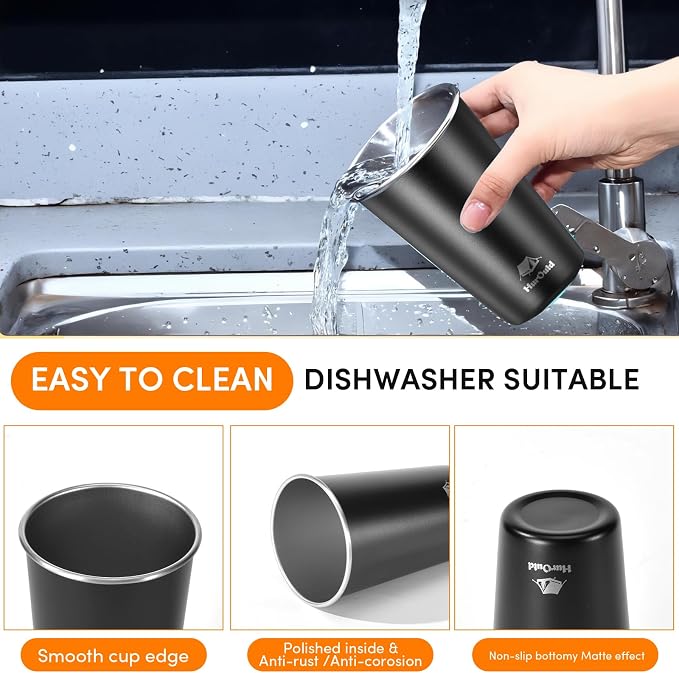 4 Pack Stainless Steel Cups 16oz -Black Stackable Metal Drinking Glasses - Image 3