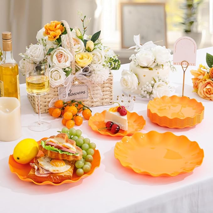 LIYH 50 Pcs Orange Scalloped Plastic Plates, Unbreakable Dishwasher Safe | BPA - Image 6