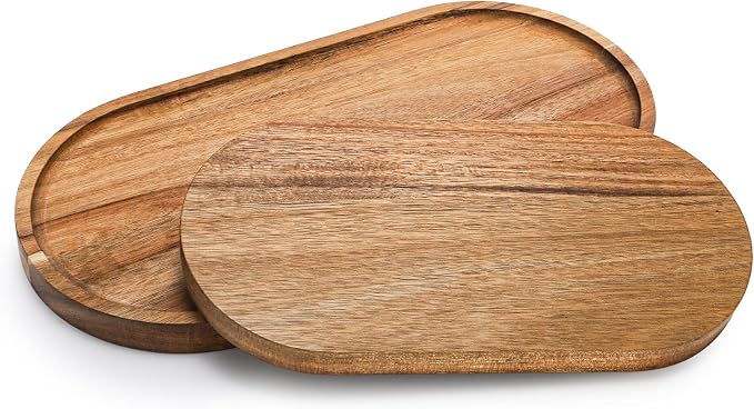 Elsjoy Set of 2 Acacia Wood Serving Trays, Long Wooden Serving Platter Oval - Image 4