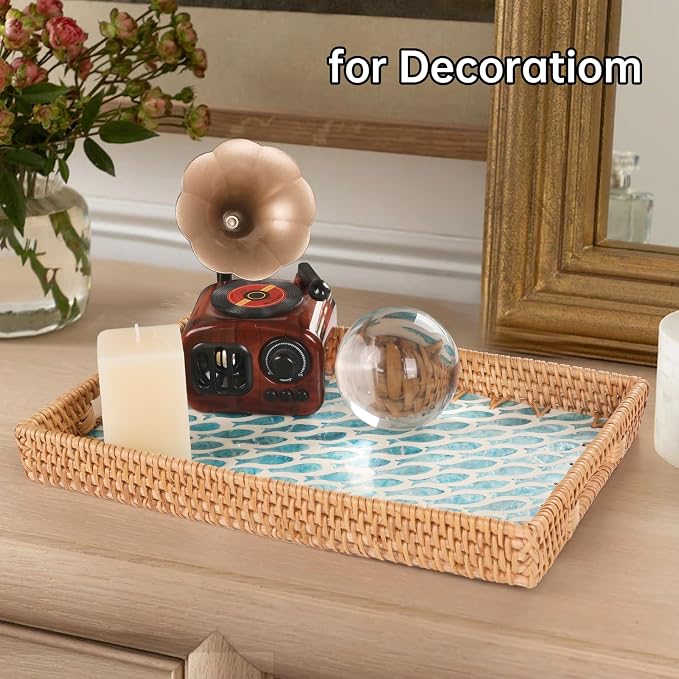 Rectangle Rattan Tray with Mother of Pearl Inlay, Rattan Serving Tray with - Image 8