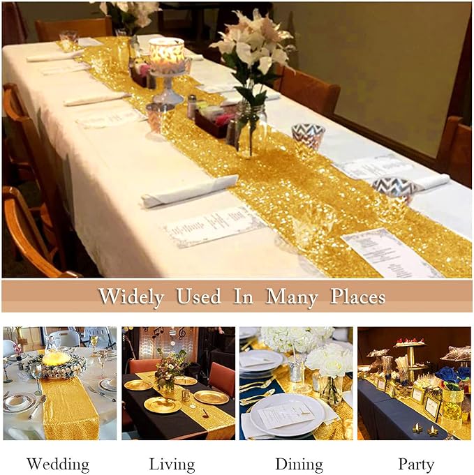 ShinyBeauty Sequin Table Runner Gold 12x72 Inch Glitz Metallic Table Cover - Image 5
